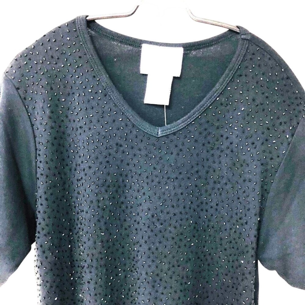 NWT Quacker Factory Black‎ Sweater Top Women's S Bugle Beads Embellished V-Neck